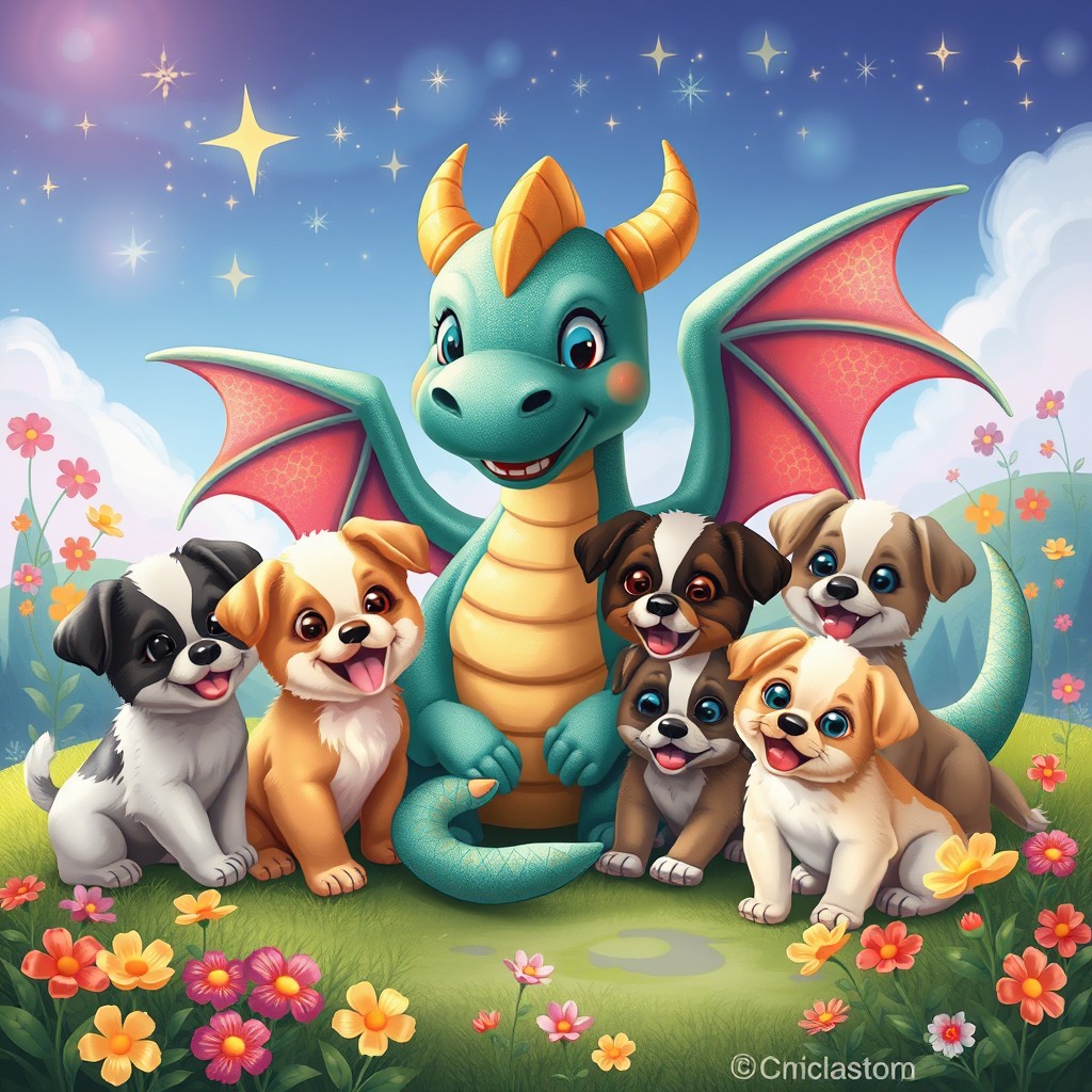 A playful scene featuring adorable puppies interacting with a friendly dragon