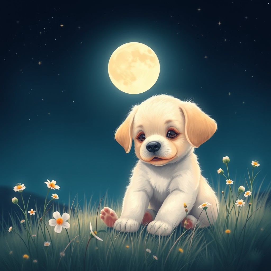 A heartwarming scene of a sweet puppy sitting peacefully under the moonlight