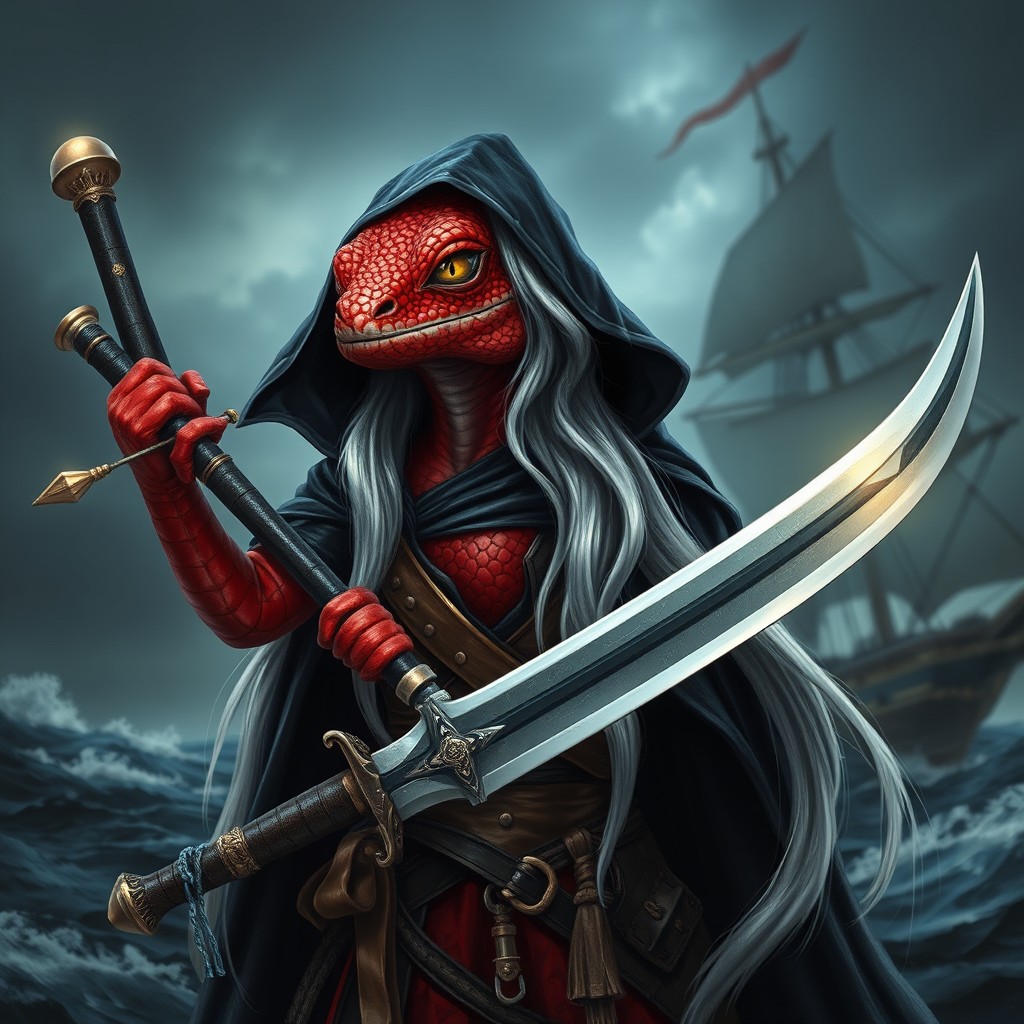 A lizard humanoid with vivid red scales and human-like features, presented as a pirate captain