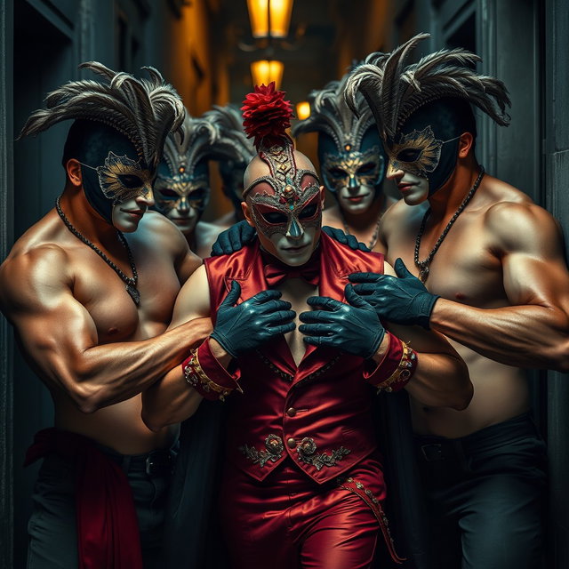 A striking and intense scene featuring a group of shirtless men adorned with elaborate Venetian carnival masks and stylish gloves, actively engaging in the kidnapping of another man who is dressed in a lavish Venetian carnival outfit, complete with a decorative mask and gloves