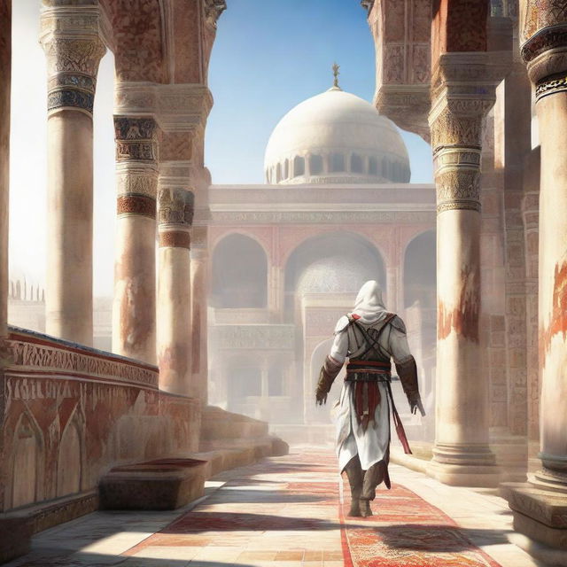 A character from Assassin's Creed, clad in white and red robes, traversing the intricate architectural landscapes of ancient Persia (Iran) with detailed brickwork and beautiful mosaics.