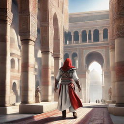 A character from Assassin's Creed, clad in white and red robes, traversing the intricate architectural landscapes of ancient Persia (Iran) with detailed brickwork and beautiful mosaics.