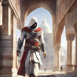 A character from Assassin's Creed, clad in white and red robes, traversing the intricate architectural landscapes of ancient Persia (Iran) with detailed brickwork and beautiful mosaics.