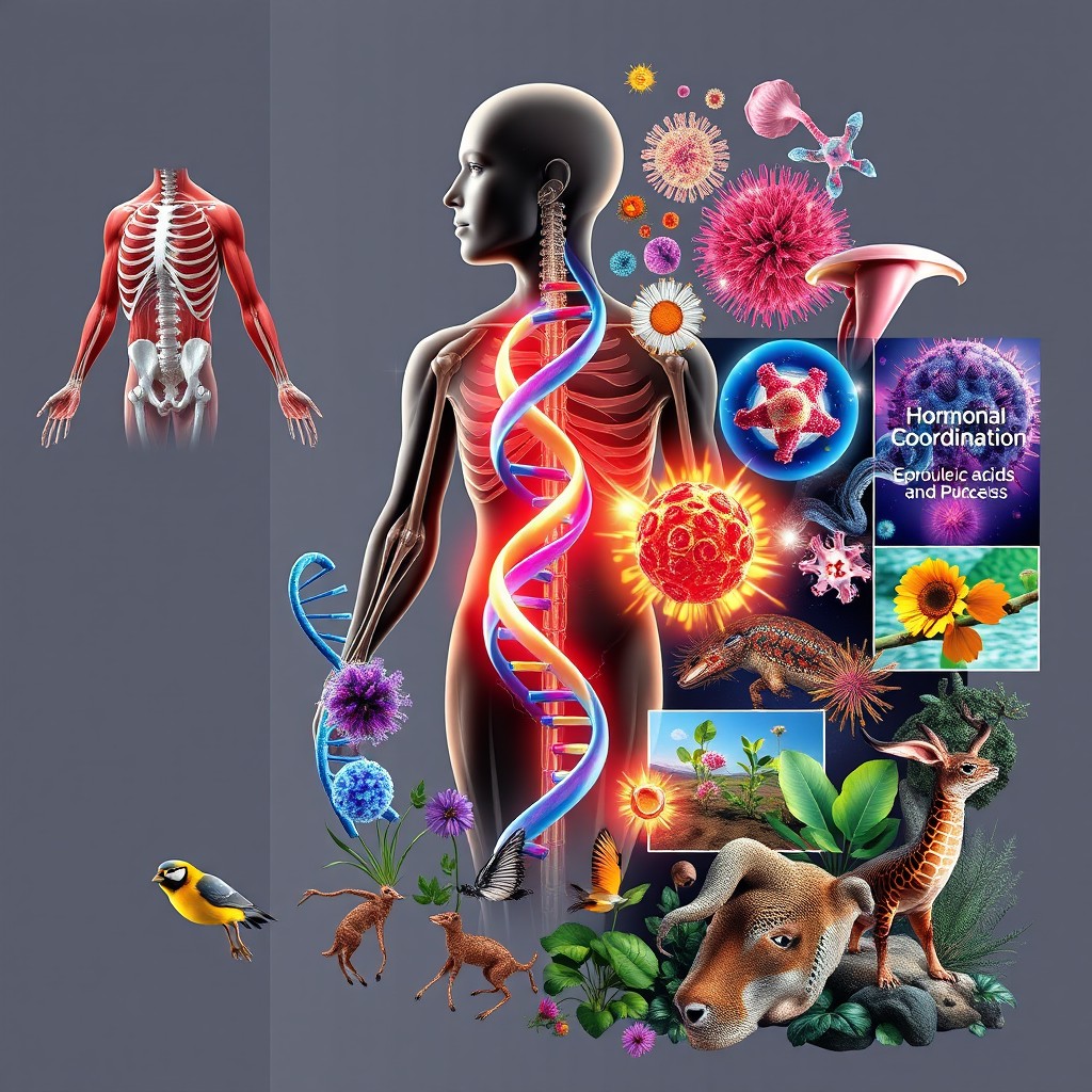 A modern biology textbook cover design, A3 size, featuring a stylistic collage of high-detail scientific illustrations