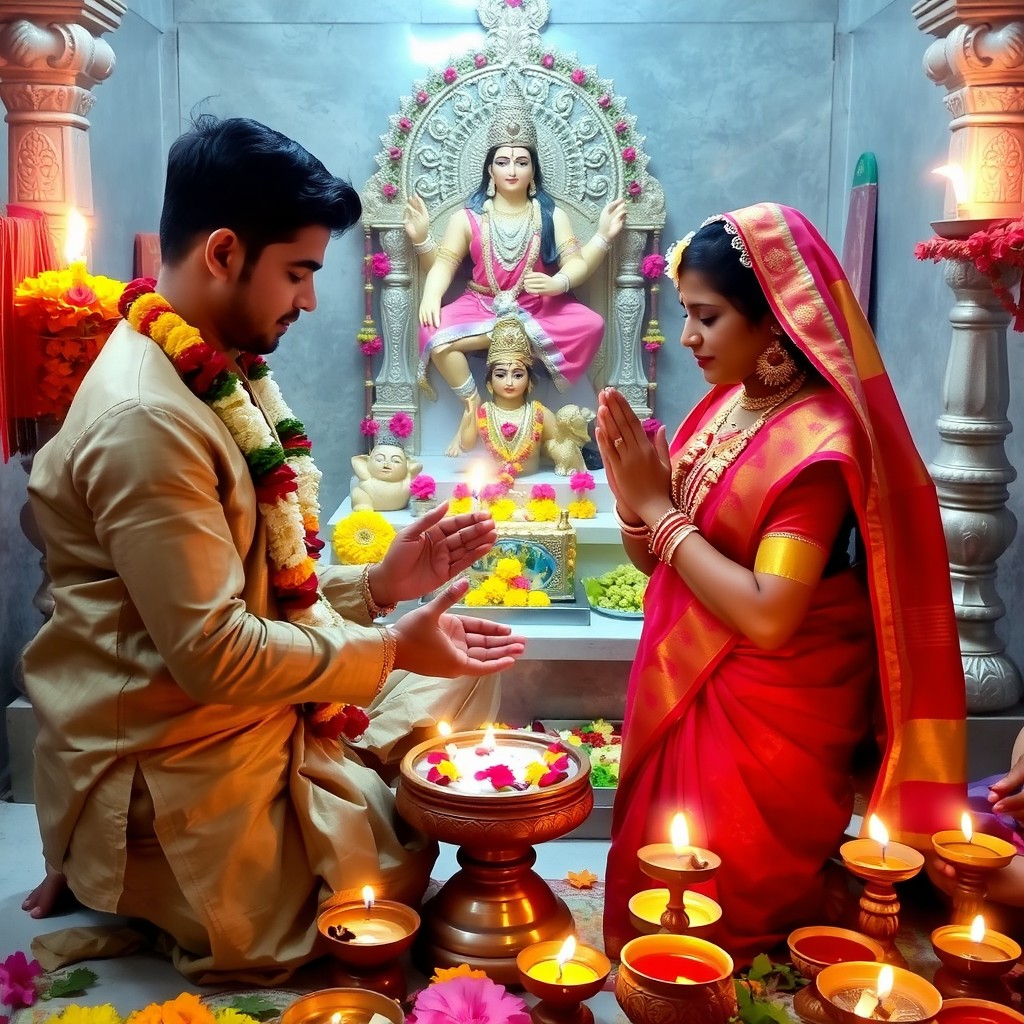 A young Indian couple engaged in a traditional worship ceremony of Shiv Parvati