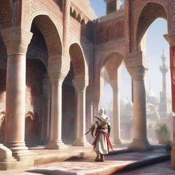 A character from Assassin's Creed, clad in white and red robes, traversing the intricate architectural landscapes of ancient Persia (Iran) with detailed brickwork and beautiful mosaics.