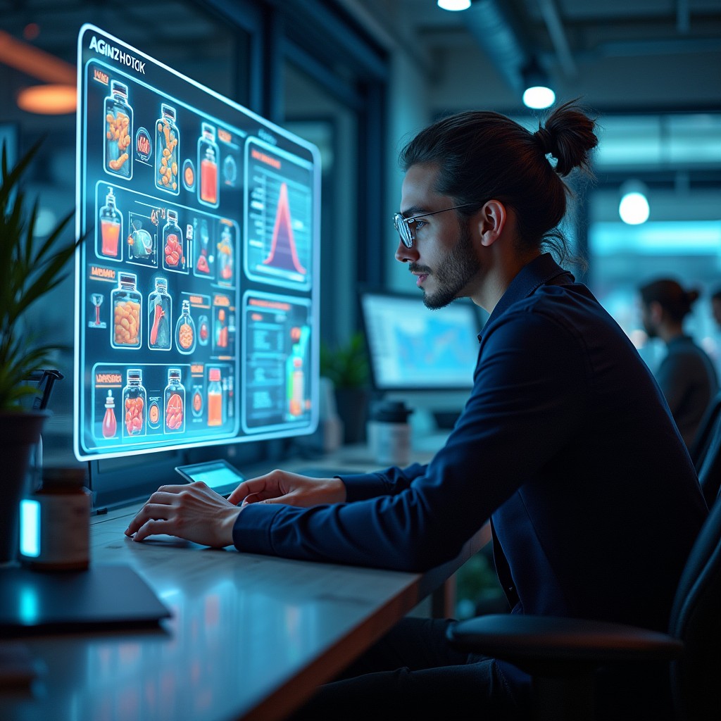 A futuristic and inspiring scene showcasing a biohacker sitting at a sleek workstation, surrounded by various supplements that represent digital age aging