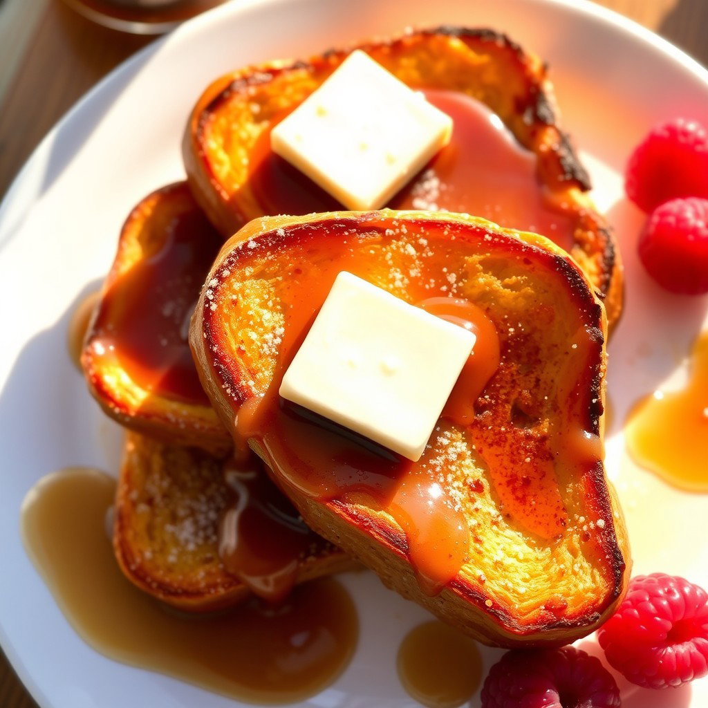 A beautifully styled plate featuring three slices of golden-brown French Toast drizzled generously with rich maple syrup, topped with a pat of melting butter