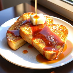 A beautifully styled plate featuring three slices of golden-brown French Toast drizzled generously with rich maple syrup, topped with a pat of melting butter