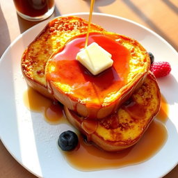 A beautifully styled plate featuring three slices of golden-brown French Toast drizzled generously with rich maple syrup, topped with a pat of melting butter