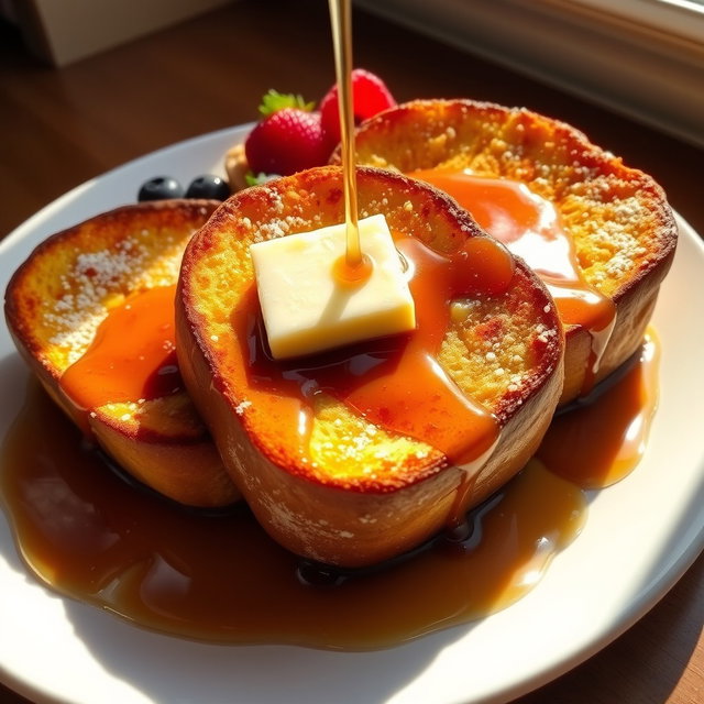 A beautifully styled plate featuring three slices of golden-brown French Toast drizzled generously with rich maple syrup, topped with a pat of melting butter