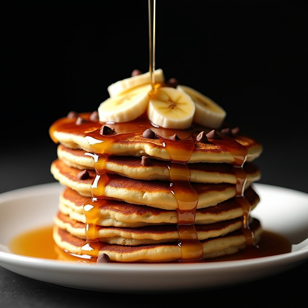 A stack of fluffy, golden-brown banana and chocolate chip pancakes neatly arranged on a pristine white plate