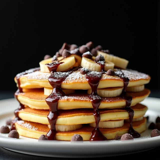 A delectable stack of three golden-brown pancakes filled with ripe banana slices and chocolate chips, elegantly arranged on a pristine white plate