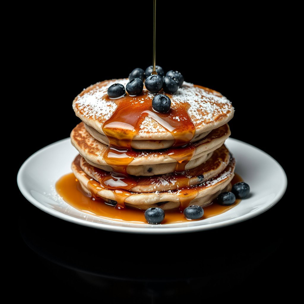 A delicious arrangement of three fluffy Blueberry Pancakes stacked on a white plate, drizzled with warm maple syrup and topped with fresh blueberries and a sprinkling of powdered sugar