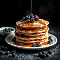 A delicious arrangement of three fluffy Blueberry Pancakes stacked on a white plate, drizzled with warm maple syrup and topped with fresh blueberries and a sprinkling of powdered sugar