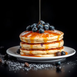 A delicious arrangement of three fluffy Blueberry Pancakes stacked on a white plate, drizzled with warm maple syrup and topped with fresh blueberries and a sprinkling of powdered sugar