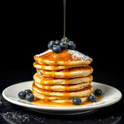 A delicious arrangement of three fluffy Blueberry Pancakes stacked on a white plate, drizzled with warm maple syrup and topped with fresh blueberries and a sprinkling of powdered sugar
