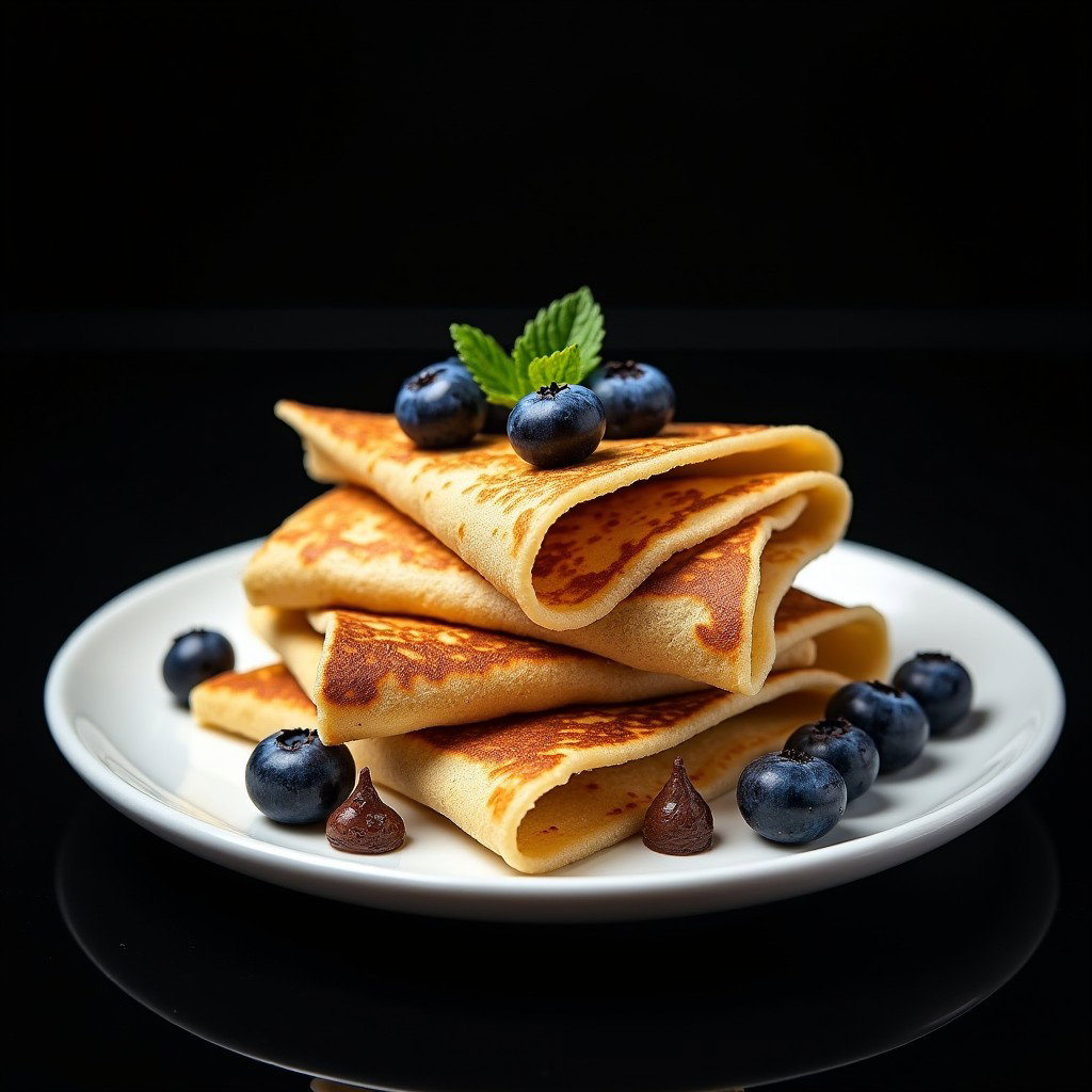 A visually striking presentation of thin European-style pancakes, expertly folded into triangles and arranged in a stack of three on a crisp white plate