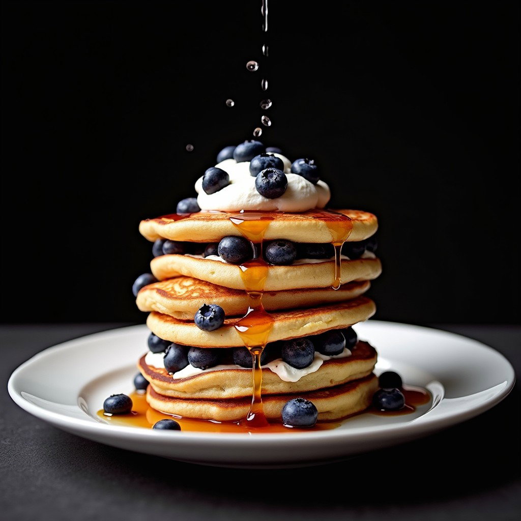 A visually striking arrangement of three thin European-style Blueberry Pancakes, artfully stacked in a triangular formation on a pristine white plate