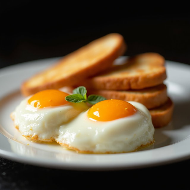 A stylish presentation of two perfectly cooked eggs served alongside golden, crispy toast