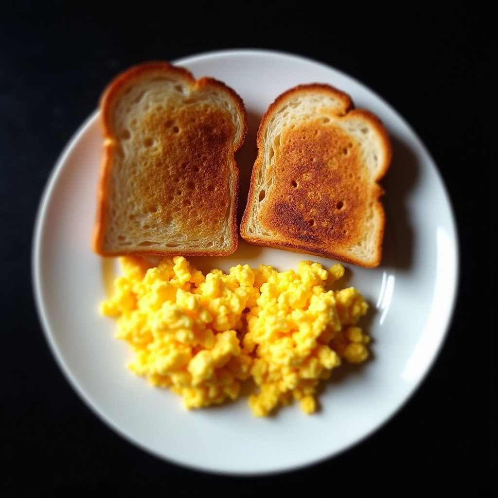 A neatly arranged breakfast scene featuring two scrambled eggs and two slices of toast, served on a white plate