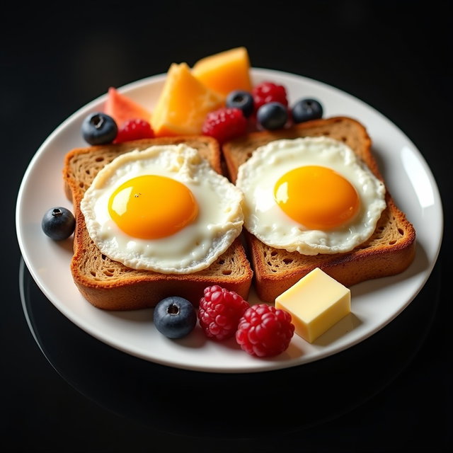 An appetizing breakfast scene featuring two perfectly cooked sunny-side-up eggs placed atop two slices of toasted bread