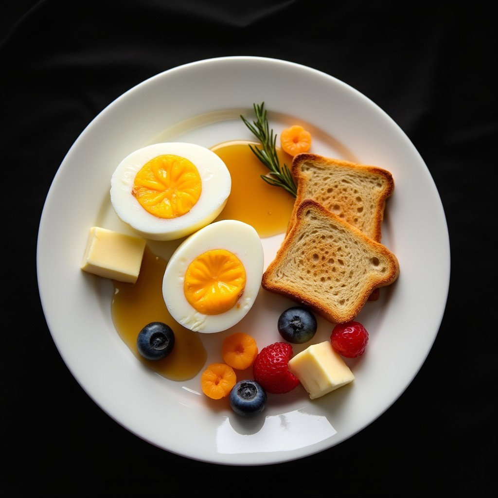 A beautifully presented breakfast plate featuring two hard-boiled eggs, sliced in half, alongside two crisp toast slices