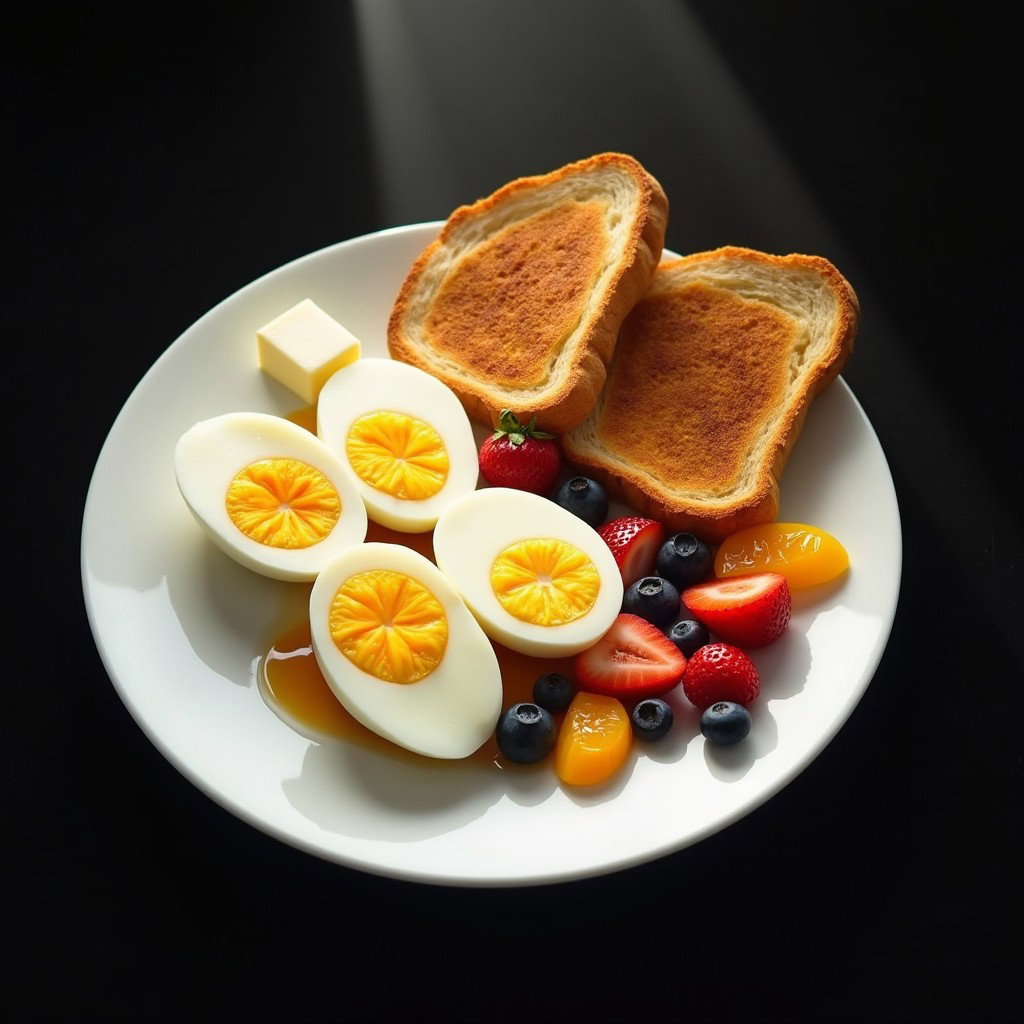 A beautifully presented breakfast plate featuring two hard-cooked eggs, each sliced in half, arranged on a white plate