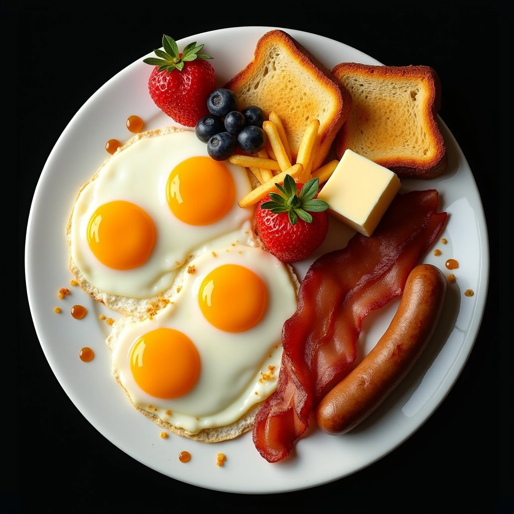 A beautifully plated breakfast scene featuring four halves of hard-cooked eggs on a white plate