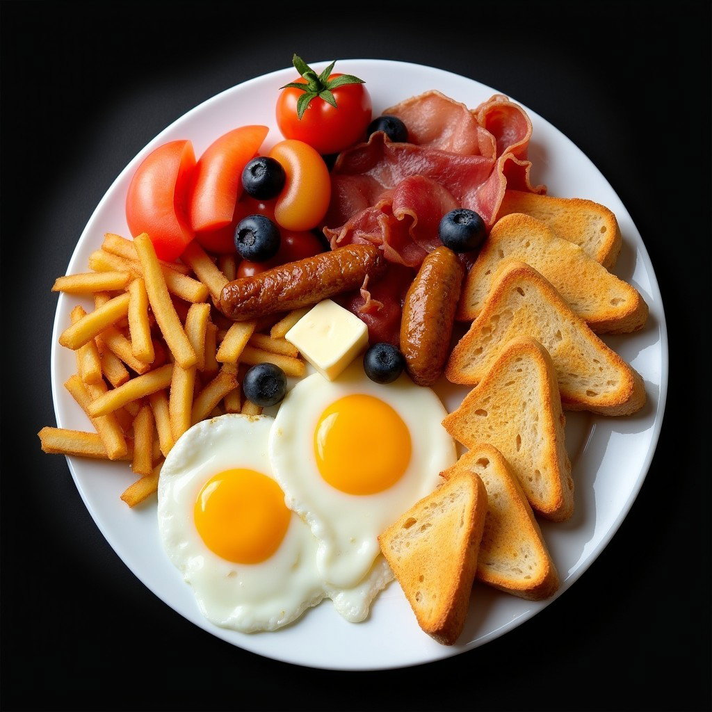 An appetizing breakfast spread on a white plate, featuring two hard-cooked eggs halved and arranged artistically, alongside four toast pieces