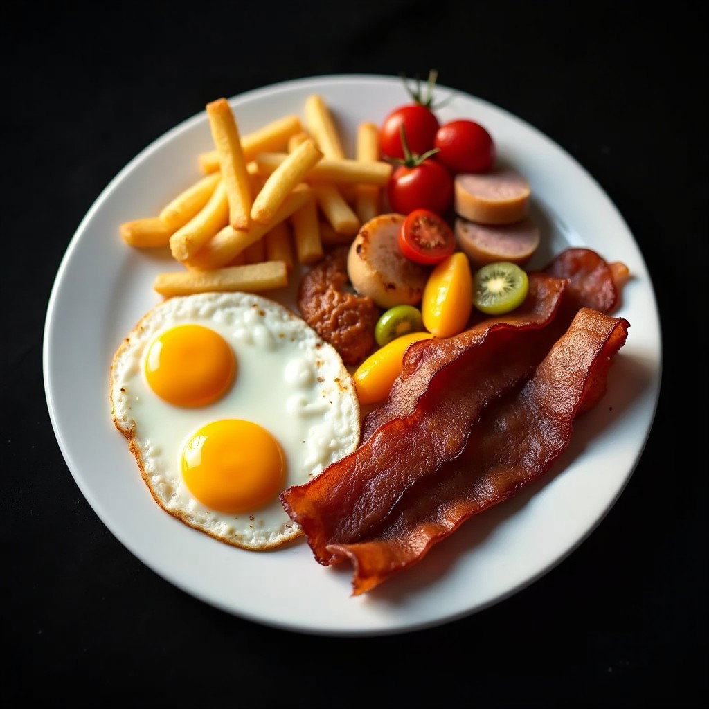 A hearty breakfast plate featuring three perfectly cooked sunny-side-up eggs accompanied by crispy home fries, savory bacon, and a choice of grilled ham or sausage