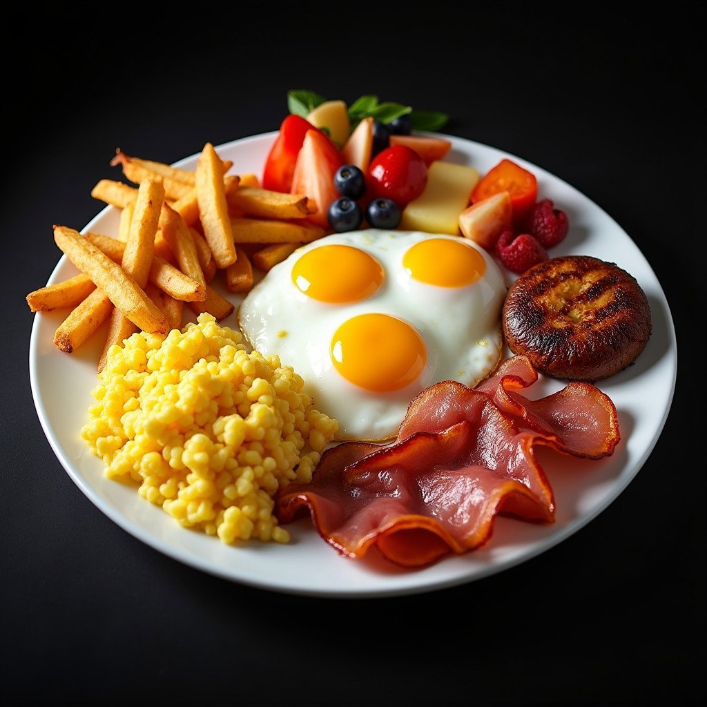 A hearty breakfast plate featuring three fluffy scrambled eggs, golden home fries, and sizzling bacon