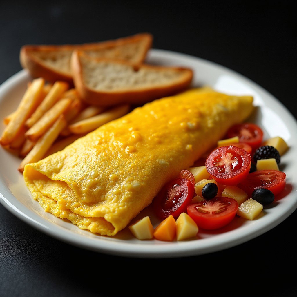 An inviting scene featuring a delicious cheese omelette served alongside crispy home fries, slices of golden toast, fresh tomato halves, and a variety of bite-sized fruit pieces