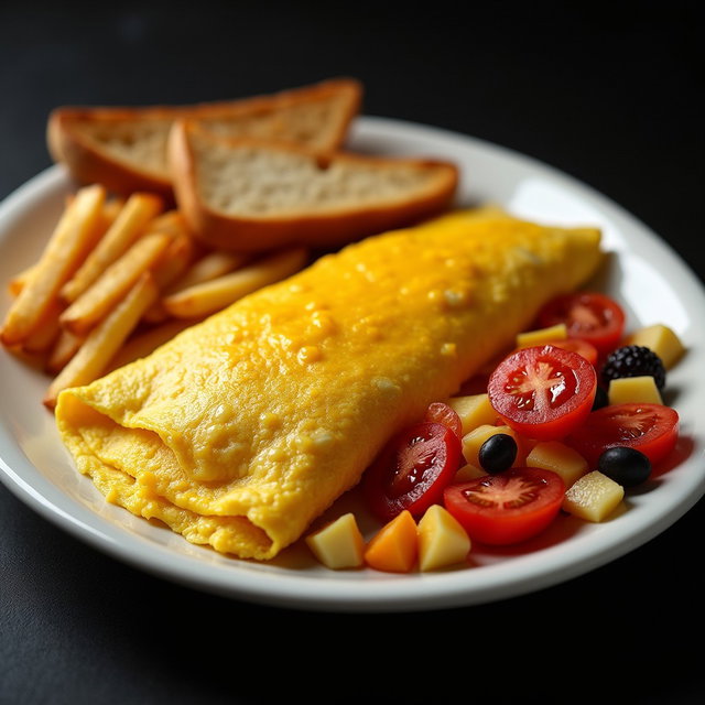 An inviting scene featuring a delicious cheese omelette served alongside crispy home fries, slices of golden toast, fresh tomato halves, and a variety of bite-sized fruit pieces