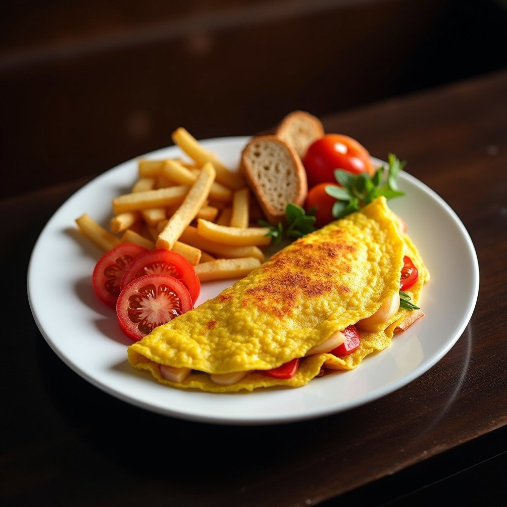 A delicious Western omelette elegantly served on a white plate, accompanied by golden home fries, slices of toast, fresh tomatoes, and a colorful assortment of fruits