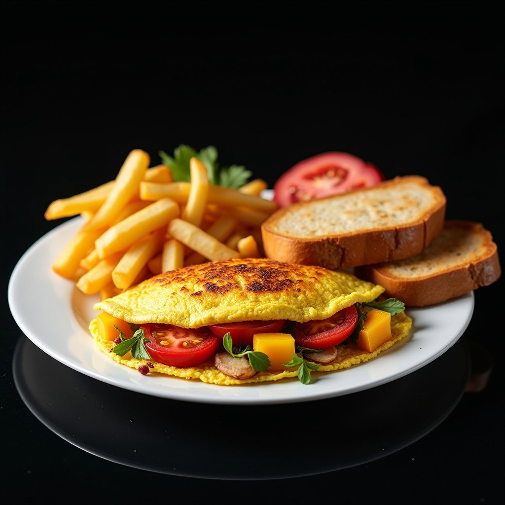 A delicious veggie omelette served on a white plate, accompanied by golden-brown home fries, perfectly toasted bread, and fresh tomato slices
