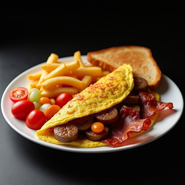 A delicious Meat Lovers Omelette filled with savory sausages and crispy bacon, presented on a white plate
