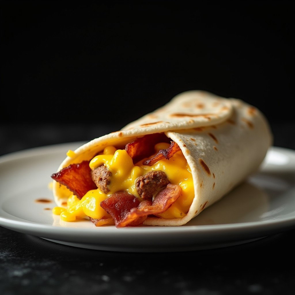 A delicious classic breakfast wrap served on a white plate, featuring a savory combination of scrambled eggs, crispy bacon or sausage, and melted cheese, all wrapped in a soft tortilla