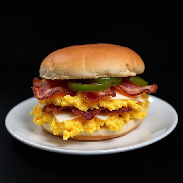 A delicious Western sandwich served on a white plate, showcasing layers of fluffy scrambled eggs, crispy bacon, bell peppers, onions, and cheese, all stacked neatly
