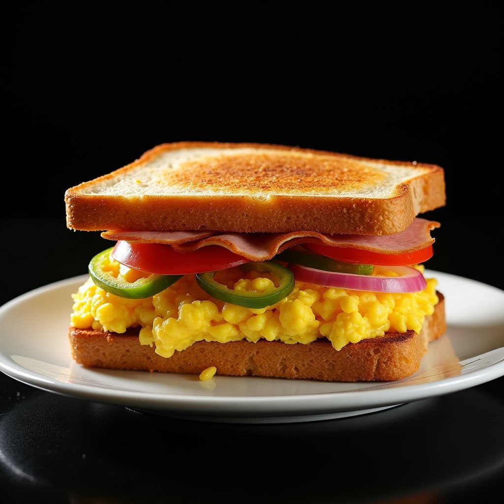 A delicious Western sandwich made with perfectly toasted bread, filled with scrambled eggs, diced bell peppers, onions, and slices of ham
