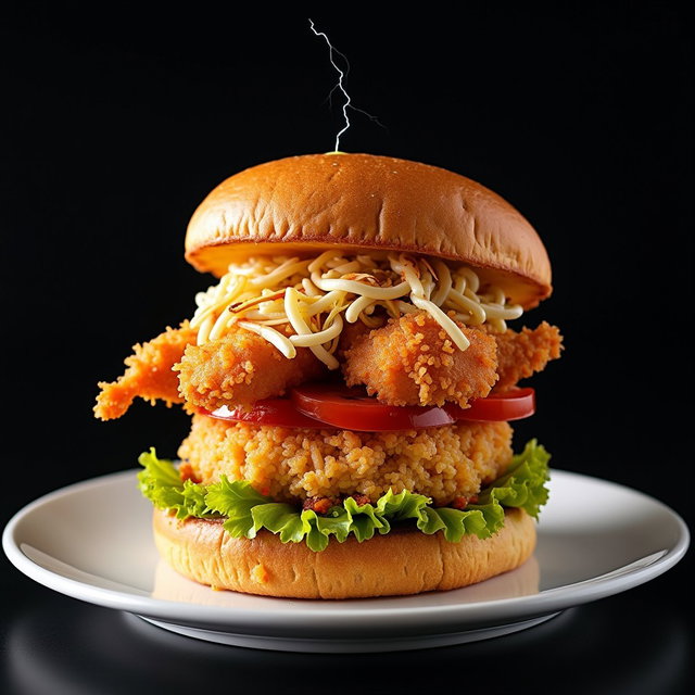 A delicious Pileboy Sandwich, featuring layers of crispy fried shrimp or fish, tangy slaw, and zesty sauce, all stacked high between two slices of fresh bread