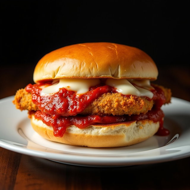 A mouthwatering chicken parmesan sandwich, perfectly crafted with a juicy breaded chicken breast, rich marinara sauce, and melted mozzarella cheese, served on a soft sandwich bun