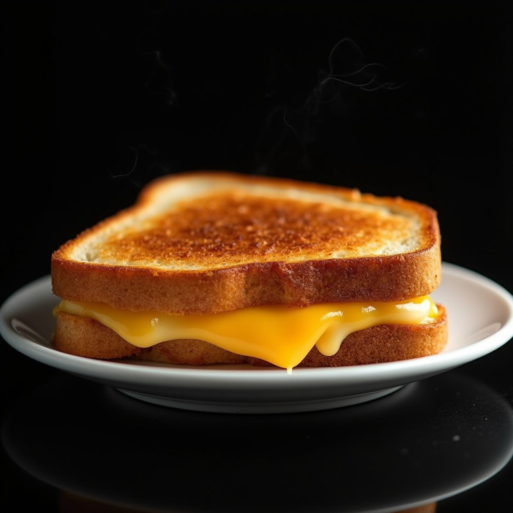 A mouthwatering grilled cheese sandwich perfectly melted and golden brown, served on a white plate