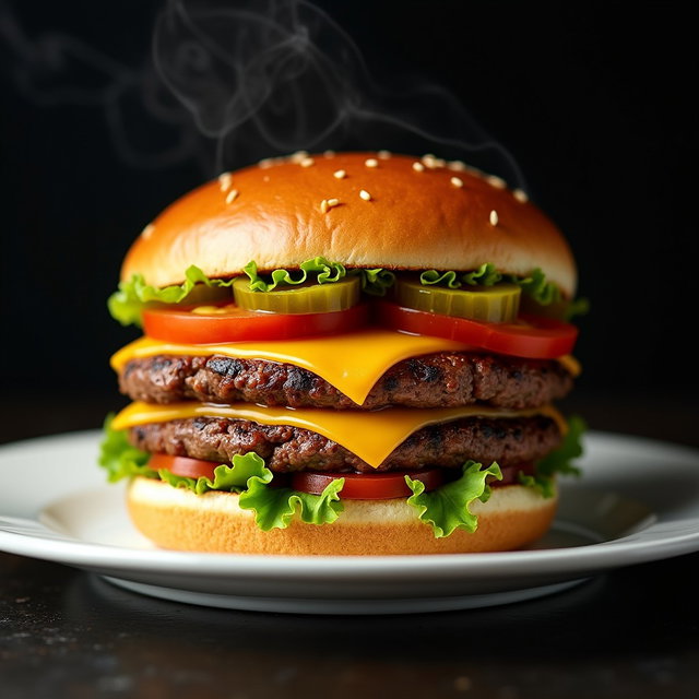 A mouthwatering hamburger placed on a white plate, showcasing juicy beef patties, melted cheese, fresh lettuce, tomato slices, and pickles, all perfectly assembled