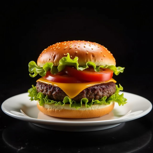 A mouthwatering hamburger featuring a single juicy beef patty, perfectly cooked and topped with fresh lettuce, ripe tomato slices, and a slice of melted cheese, all nestled within a soft hamburger bun