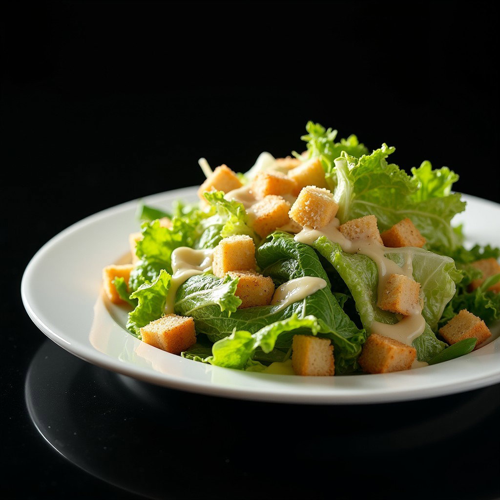 A fresh and colorful Caesar Salad elegantly presented on a white plate