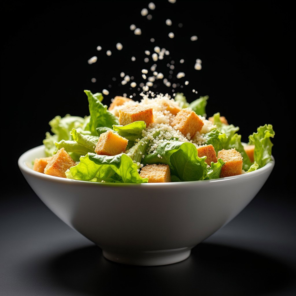 A refreshing classic Caesar Salad elegantly presented in a white salad bowl