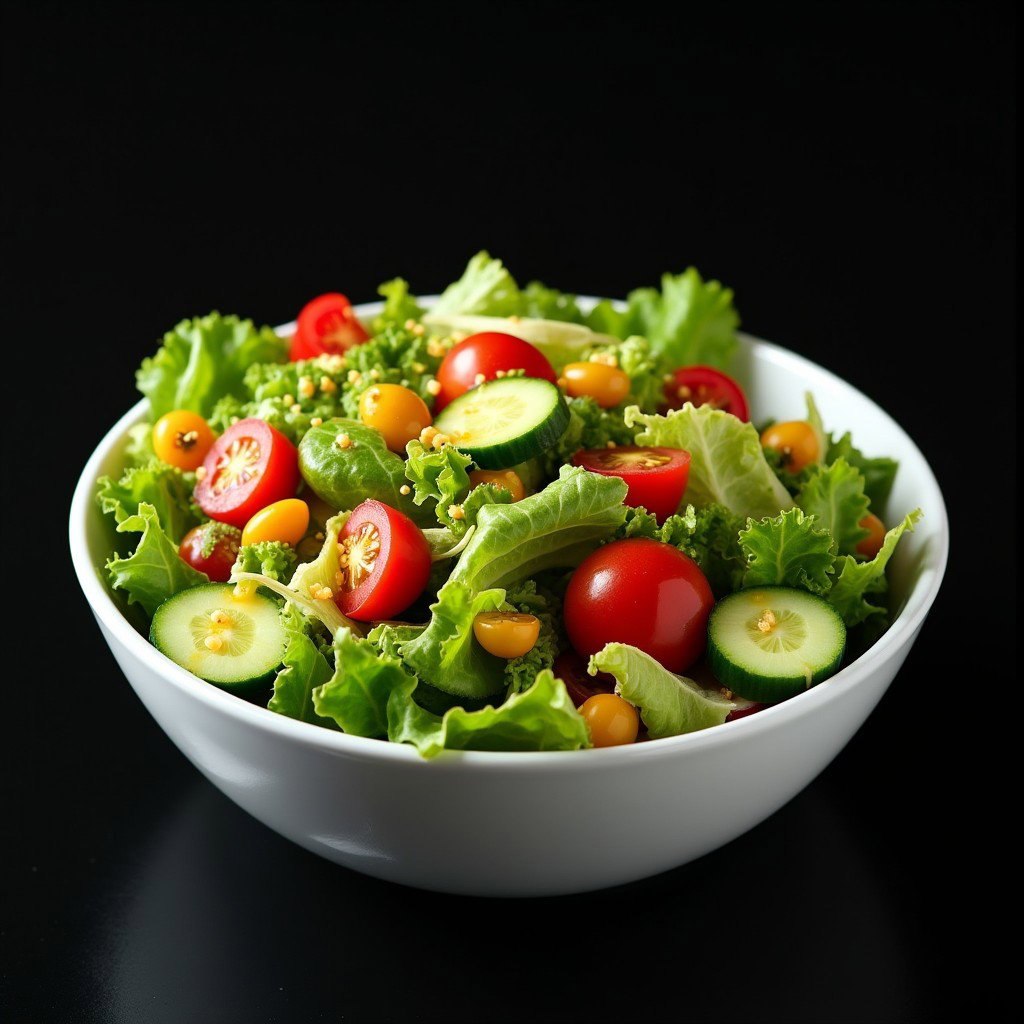 A vibrant mixed green salad featuring an assortment of fresh vegetables such as crisp lettuce, cherry tomatoes, cucumbers, and bell peppers, all beautifully arranged in a classic white salad bowl