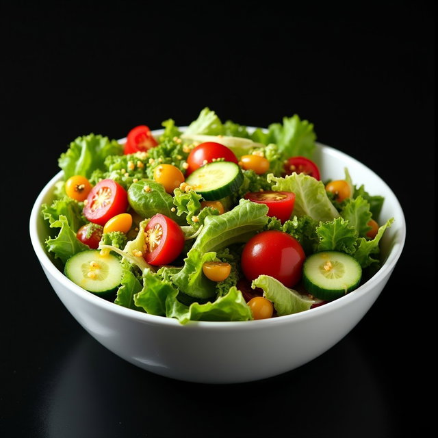A vibrant mixed green salad featuring an assortment of fresh vegetables such as crisp lettuce, cherry tomatoes, cucumbers, and bell peppers, all beautifully arranged in a classic white salad bowl