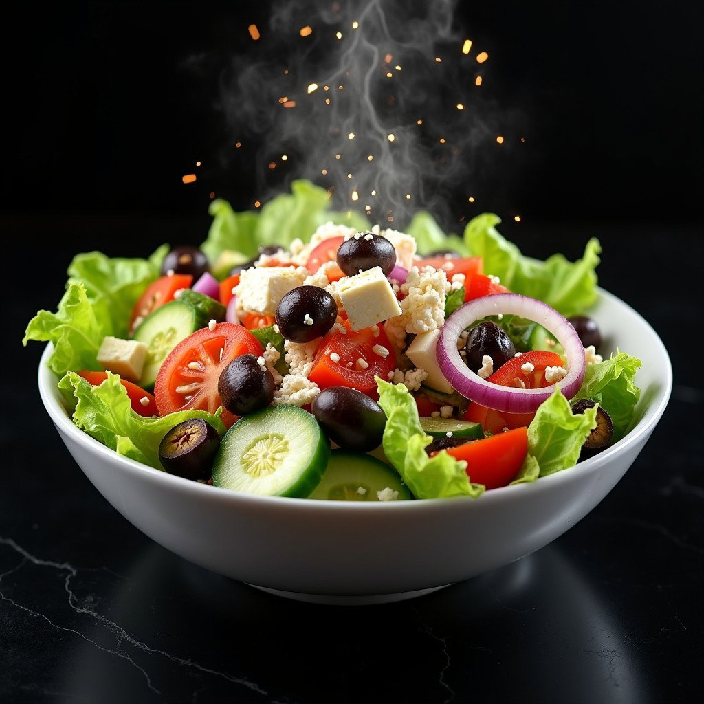 A vibrant Greek salad served in a white bowl, featuring a colorful mix of fresh ingredients such as crisp lettuce, juicy tomatoes, cucumbers, red onions, Kalamata olives, and Feta cheese, all drizzled with a tangy olive oil dressing